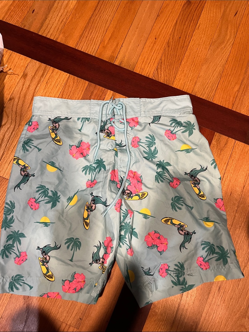 Batman Light Mint Tropical Surf Board Shorts with Pink & Yellow Accents